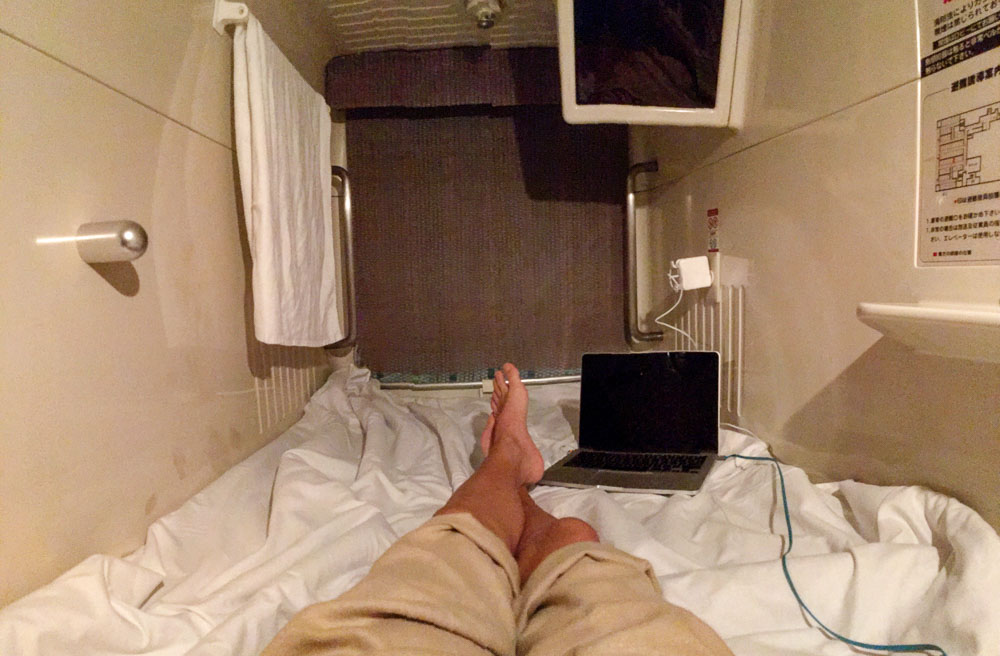 Inside the pod of a capsule hotel - Osaka budget