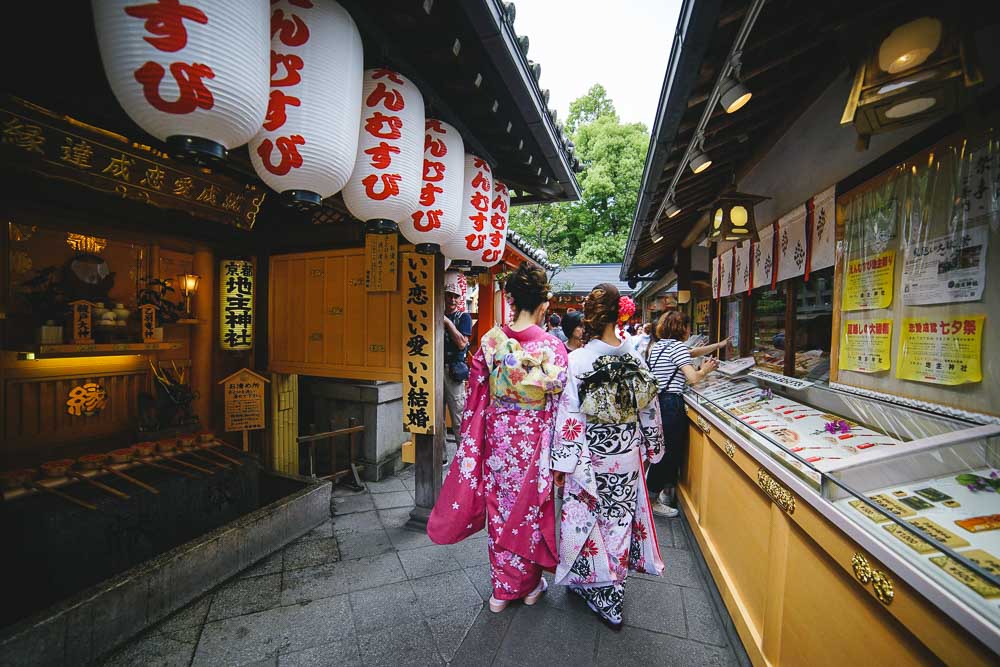 Visiting Jishu Jinja Shrine at Kiyomizu-dera in our kimonos - Kyoto Budget