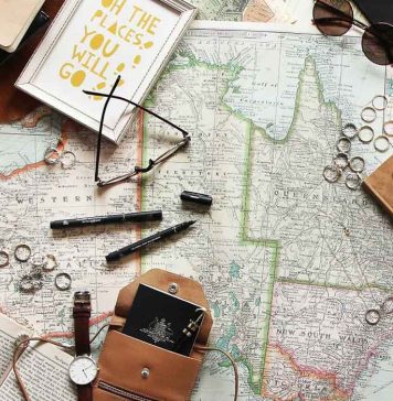 World map flat lay - Travel budget gap year