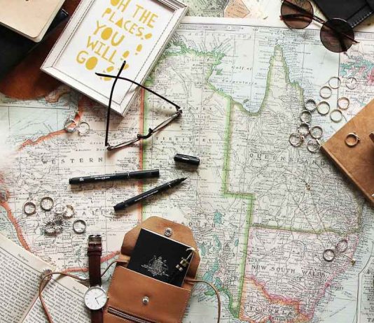 World map flat lay - Travel budget gap year
