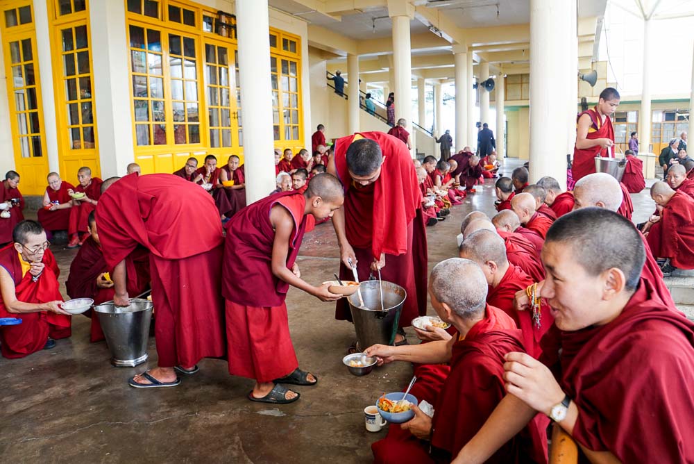 Monks having lunch at the Dalai Lama Temple in Dharamshala (McLeod Ganj)