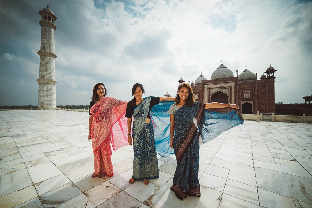 Nina, Cherie and Rachel in saree at the Taj Mahal - Taj Mahal Photography Guide