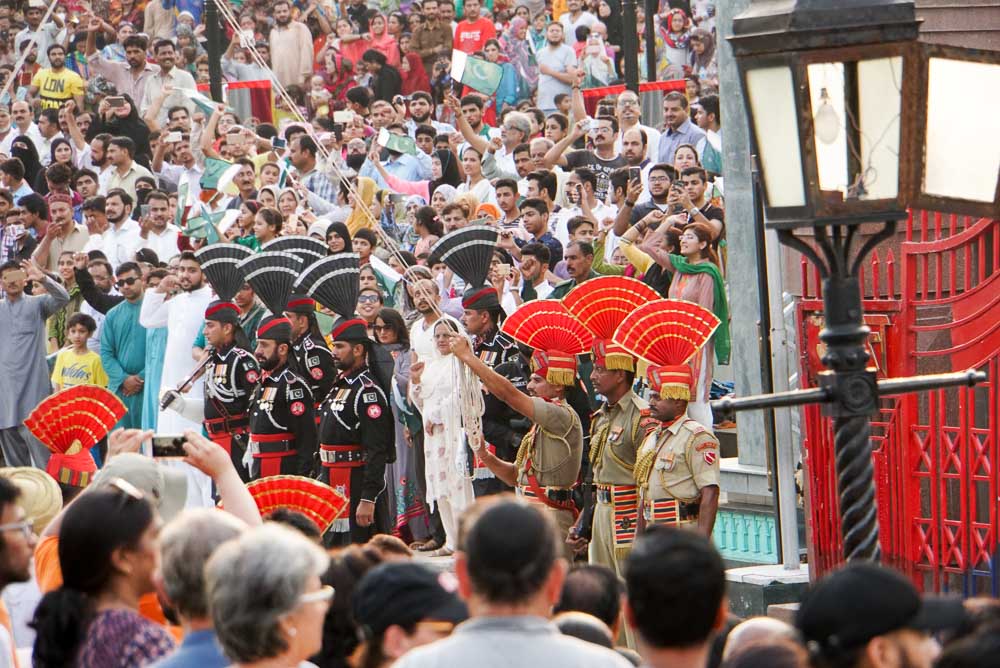 The end of the Wagah Border Ceremony, where soldiers shake hands and stand off.