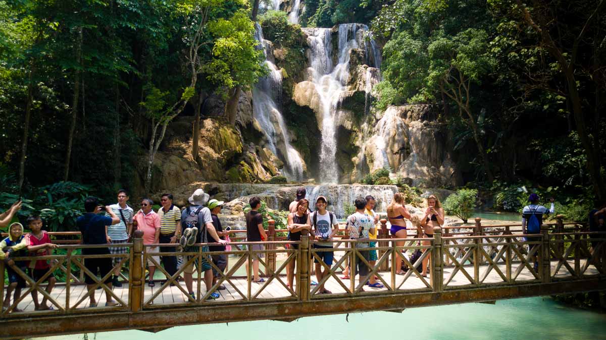 Kuang Si waterfall crowded with people - Luang Prabang itinerary
