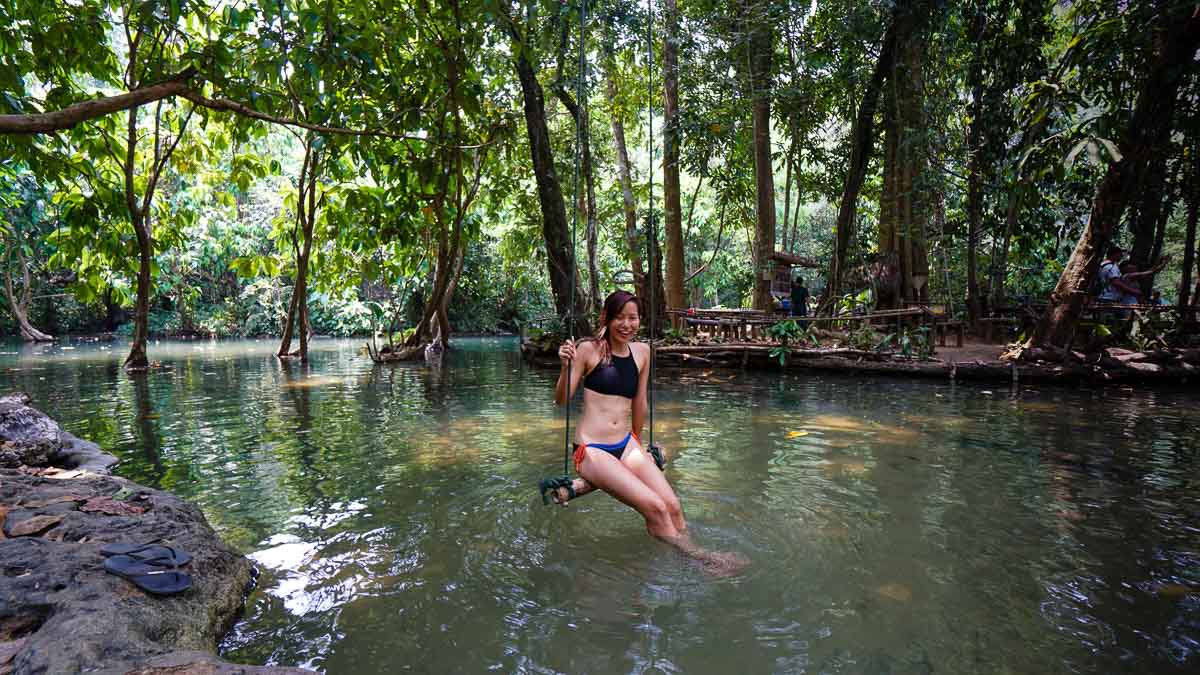 The waterfall is made out of 3 main sections and each section has a pool area to swim in. The first you'll see is the one with the branch and is where you'll find everyone jumping off. The water can be quite shallow so watch your feet!