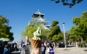 Matcha ice cream in front of Osaka Castle - JR Pass Japan Budget Itinerary