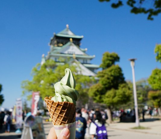 8-Day Japan Itinerary: 9 Cities in Kansai for Under S$900 Matcha ice cream in front of Osaka Castle - JR Pass Japan Budget Itinerary