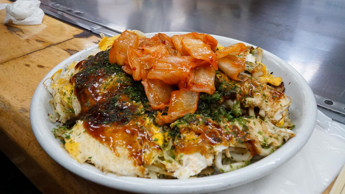 Okonomi-mura Kimchi okonomiyaki - Backpacking in Japan Itinerary with the JR Pass
