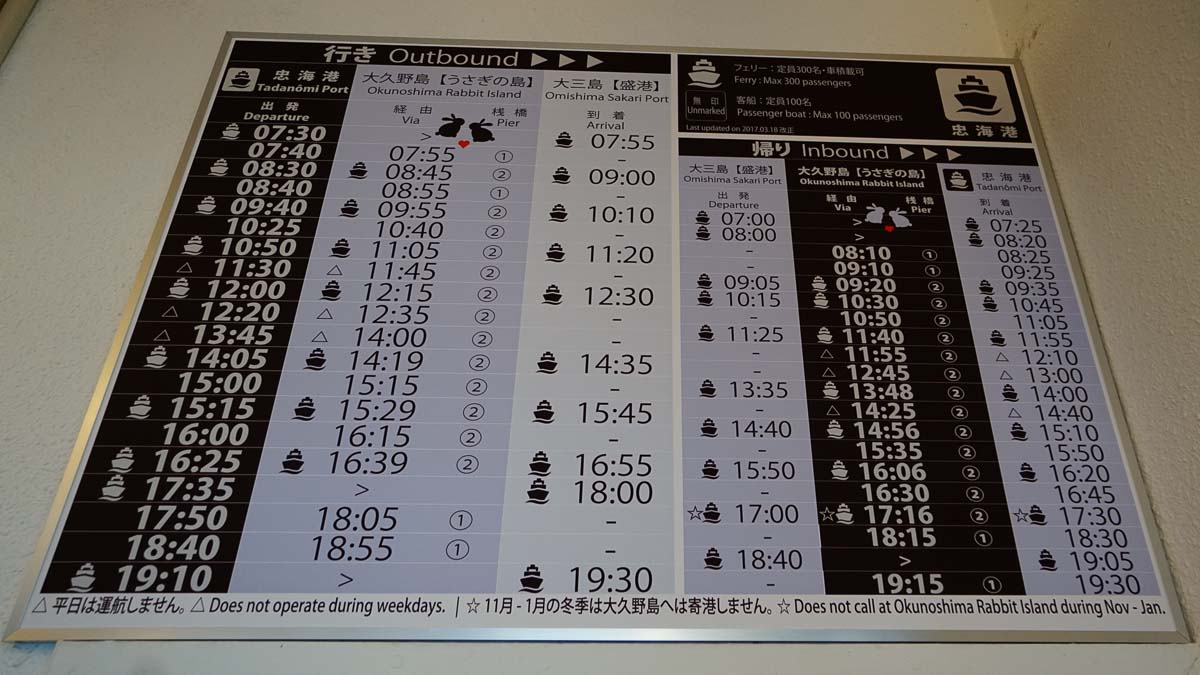 Ferry timings to Okunoshima Island - Kansai Hiroshima JR Pass Japan Budget Itinerary