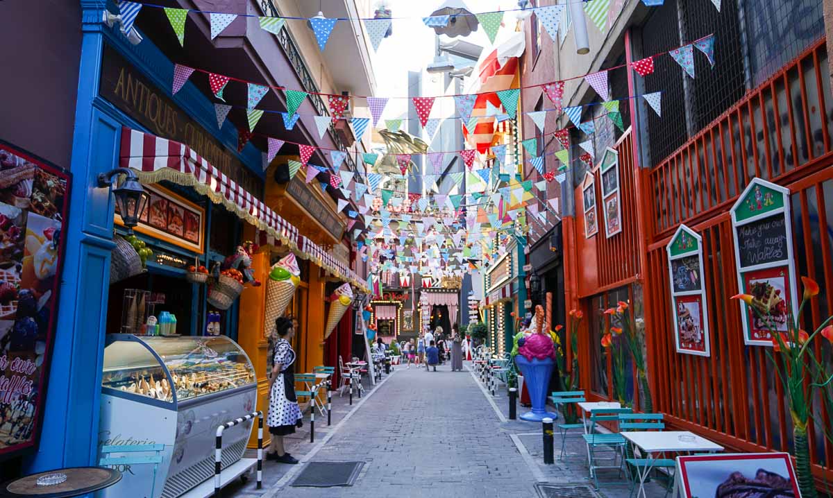 Colorful street with kids cafes in Athens
