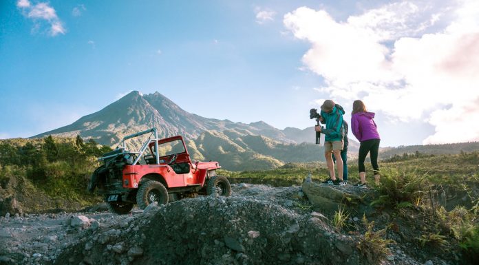 Jeep in front of Mount Merapi