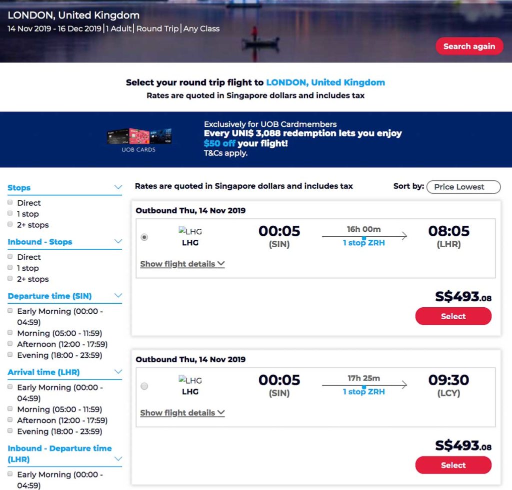 UOB travel Flight Search to London - Europe Budget tips