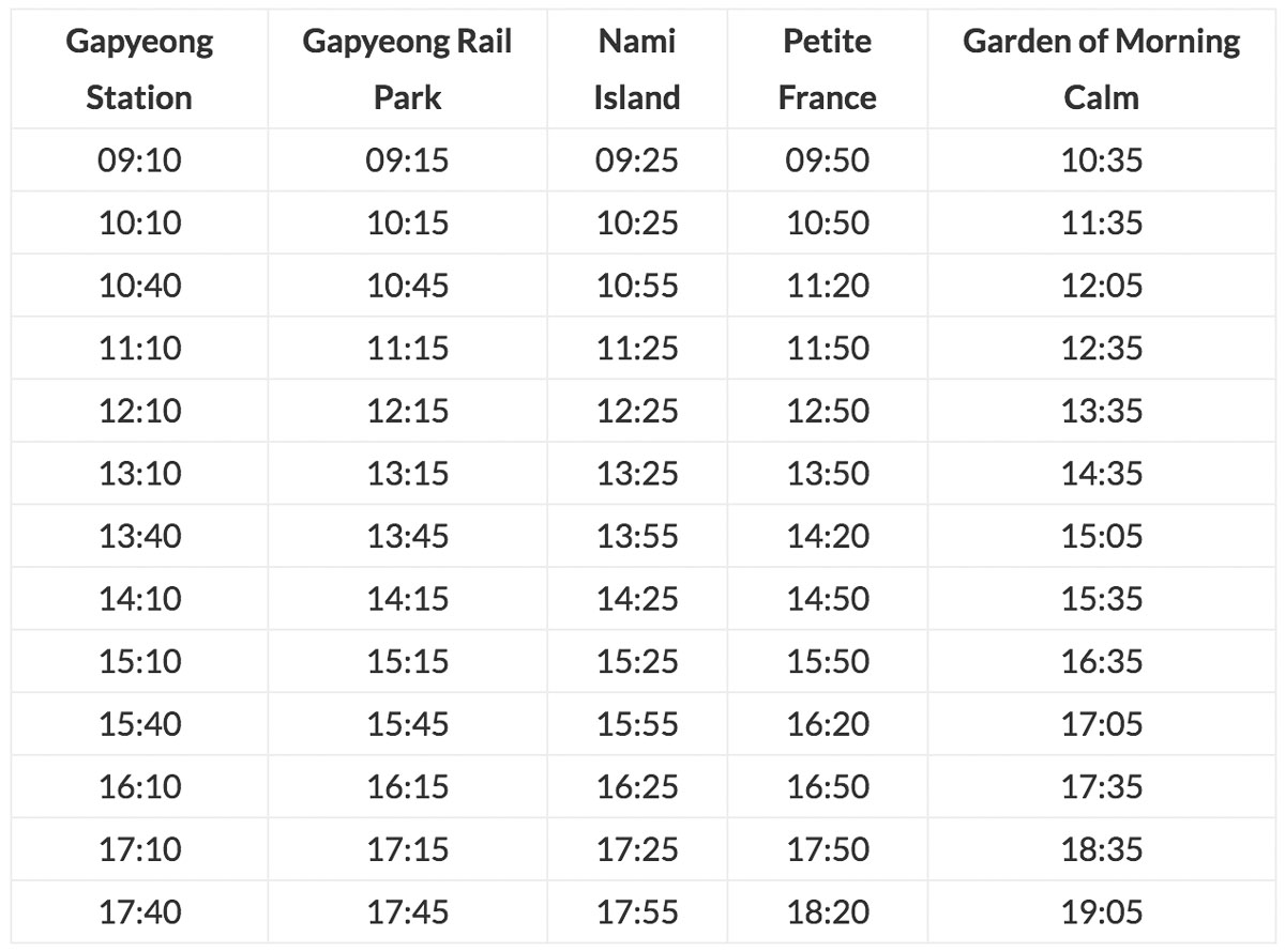 Gapyeong Tourist Bus Schedule - Nami Island