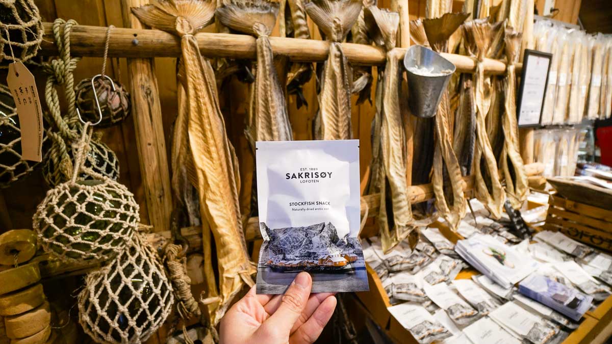 Lofoten Sakirsøy stockfish snack - Norway Winter Itinerary