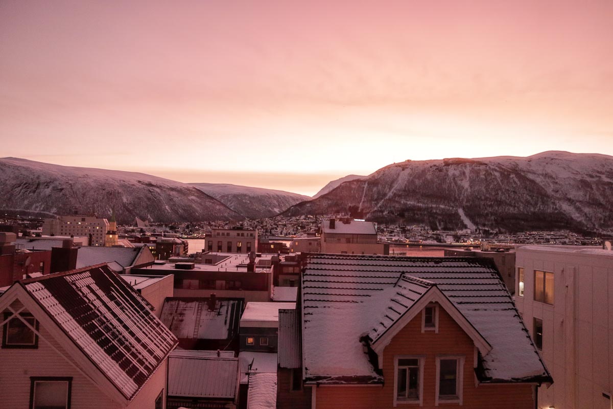 WIndow view from Enter Backpack Hotel - Tromsø at Golden Hour-Norway Winter Itinerary
