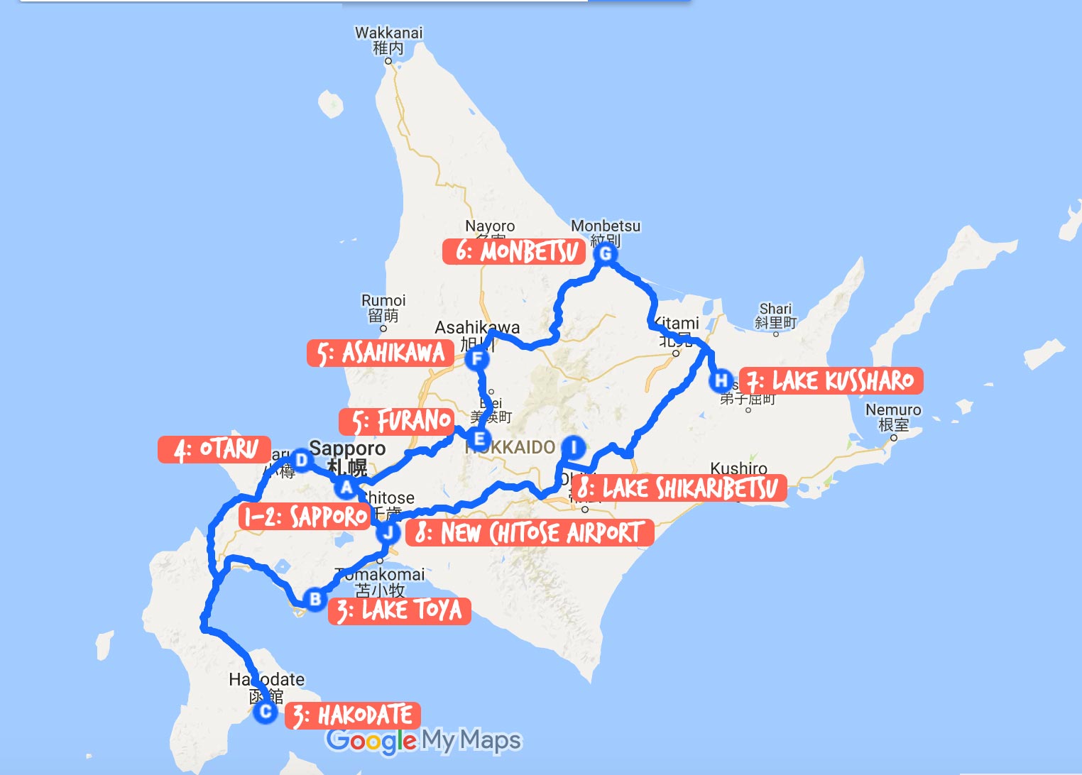 Map of road trip around Hokkaido - Budget Hokkaido Itinerary