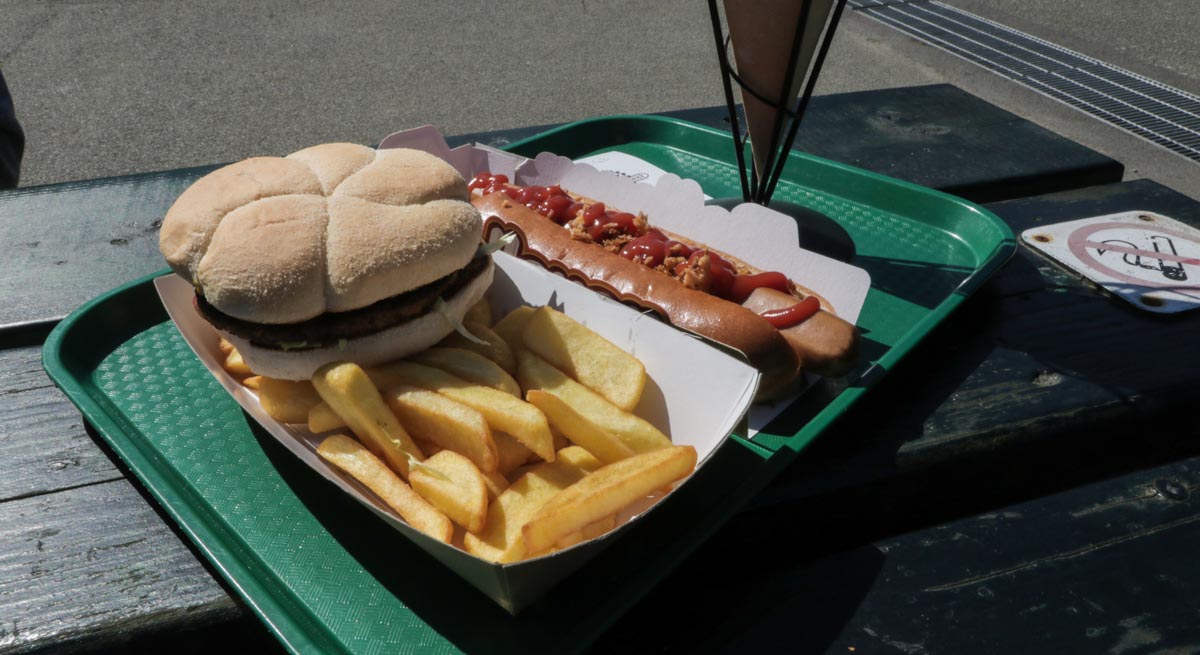 Burger and Hotdog with Chips at Boarding Area of Snowdon Mountain Railway - Scotland Wales London Itinerary BritRail Pass