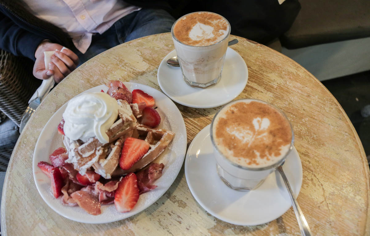 Buttermilk Vanilla Waffles with Bacon, Strawberries and Cream at Papii Cafe - Scotland Wales London Itinerary BritRail Pass