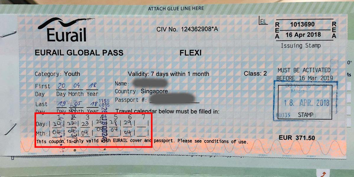 Filled in travel Calendar - eurail pass guide