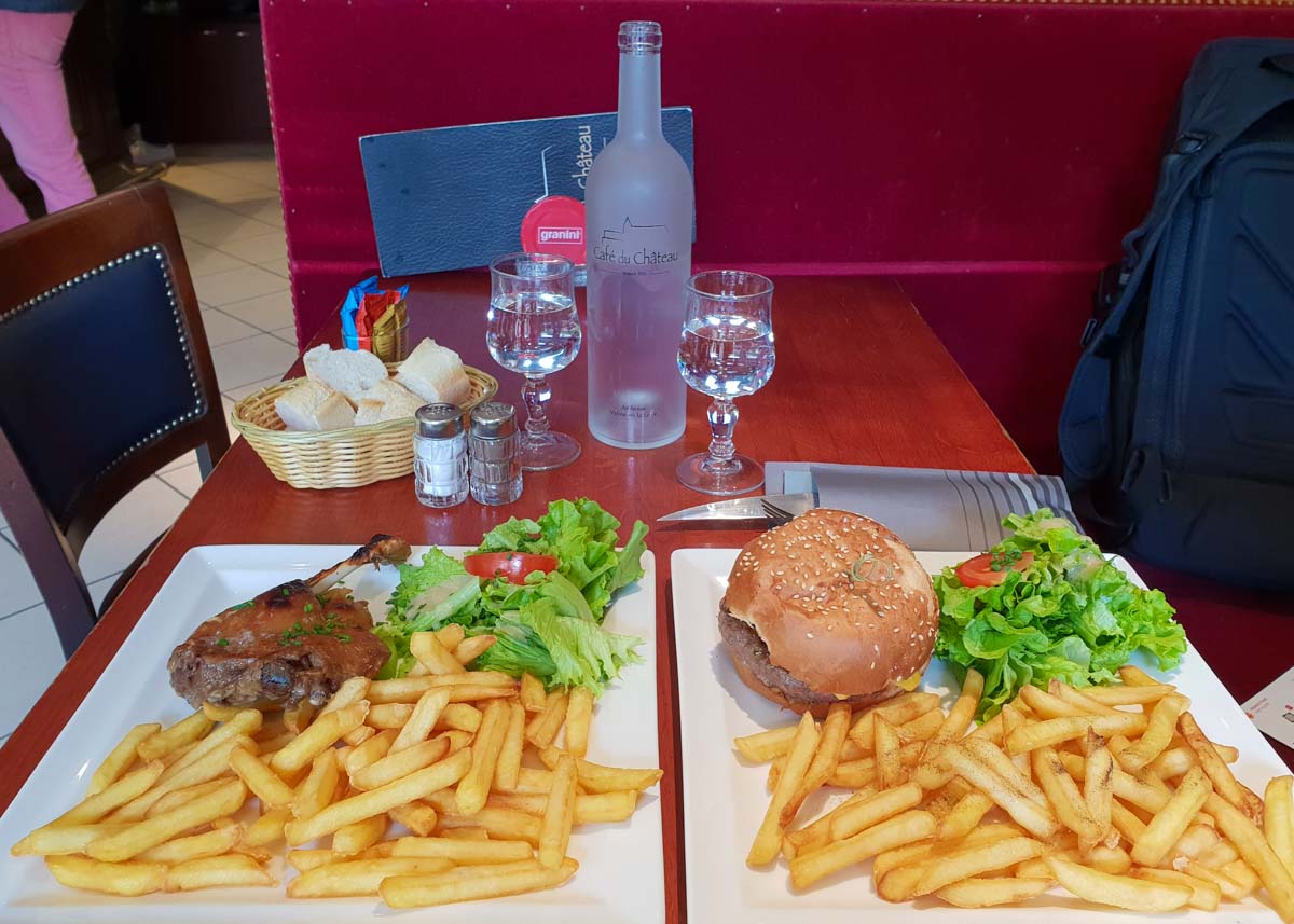 Lunch at Loire Valley cafe du chateau duck confit and burger - France Itinerary