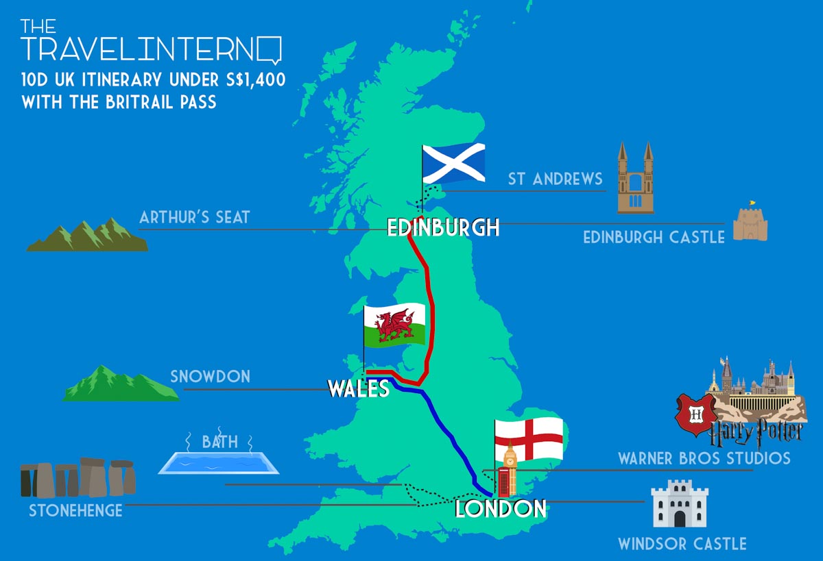 Map of UK Locations in Itinerary - Scotland Wales London Itinerary BritRail Pass