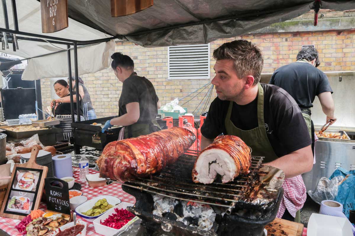 Posh Pork Baps Stall at Brick Lane Market - Scotland Wales London Itinerary BritRail Pass
