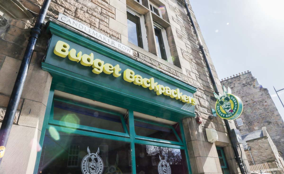 Signboard of Budget Backpackers Hostel in Edinburgh - Scotland Wales London Itinerary BritRail Pass
