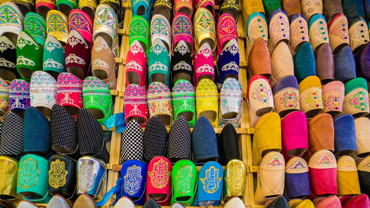 Colourful Shoes sold at a Moroccan Souk - Morocco Itinerary