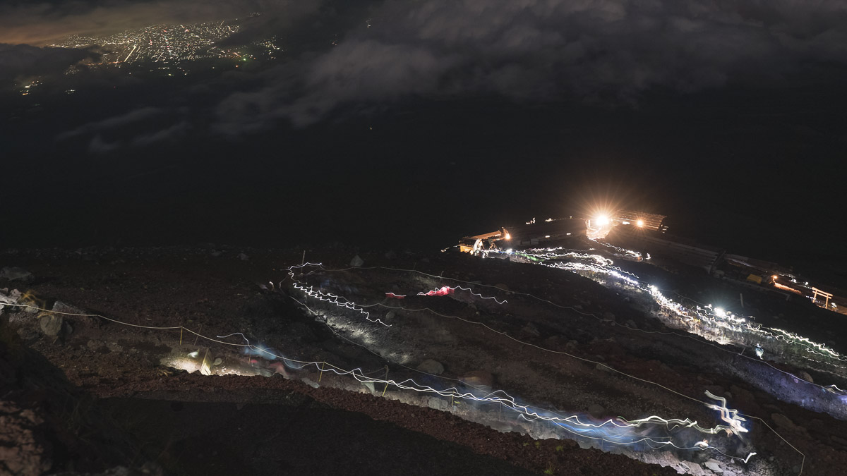 Climbing Mount Fuji - Light Trails by Headlamps