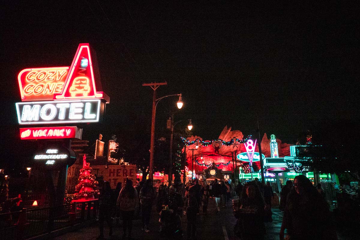 Cars Land Lighting Up at Night in Disney California Adventure Park - Los Angeles Theme Parks