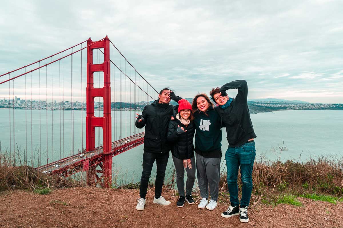 Four Friends Posing at Golden Gate Bridge - SF to LA Road Trip Itinerary