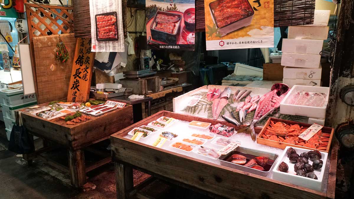 Fresh fish stall Kukora Tanga Ichiba Market - Japan Kyushu Itinerary