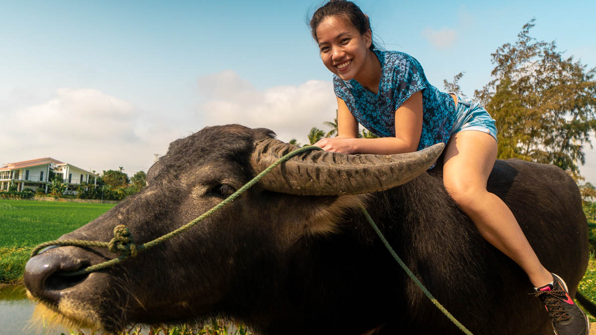 Girl riding Buffalo - Central Vietnam Itinerary