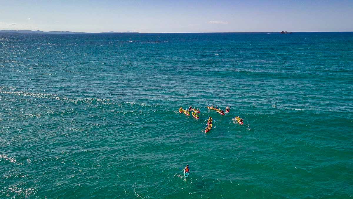 Aerial view of open water kayaking - Byron Bay Guide