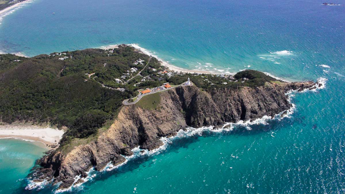 View of Cape Byron Lighthouse from helicopter - Byron Bay Guide