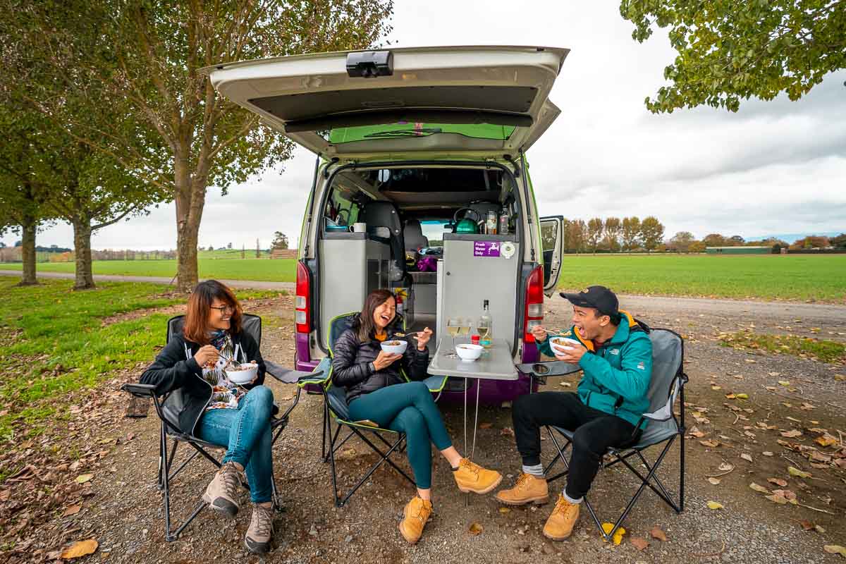 Enjoying our Meal Outside the Campervan - New Zealand Itinerary North Island