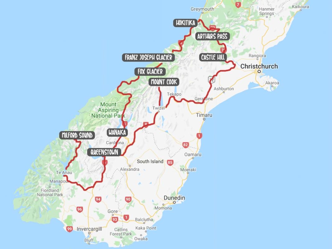 New Zealand South Island Road Trip Route 1068x801 