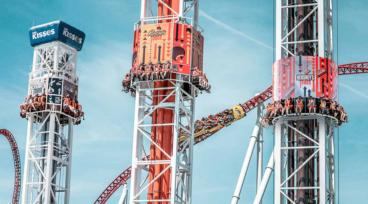 Three towers of Hershey Park, Pennsylvania, Theme park fanatic route - USA road trip