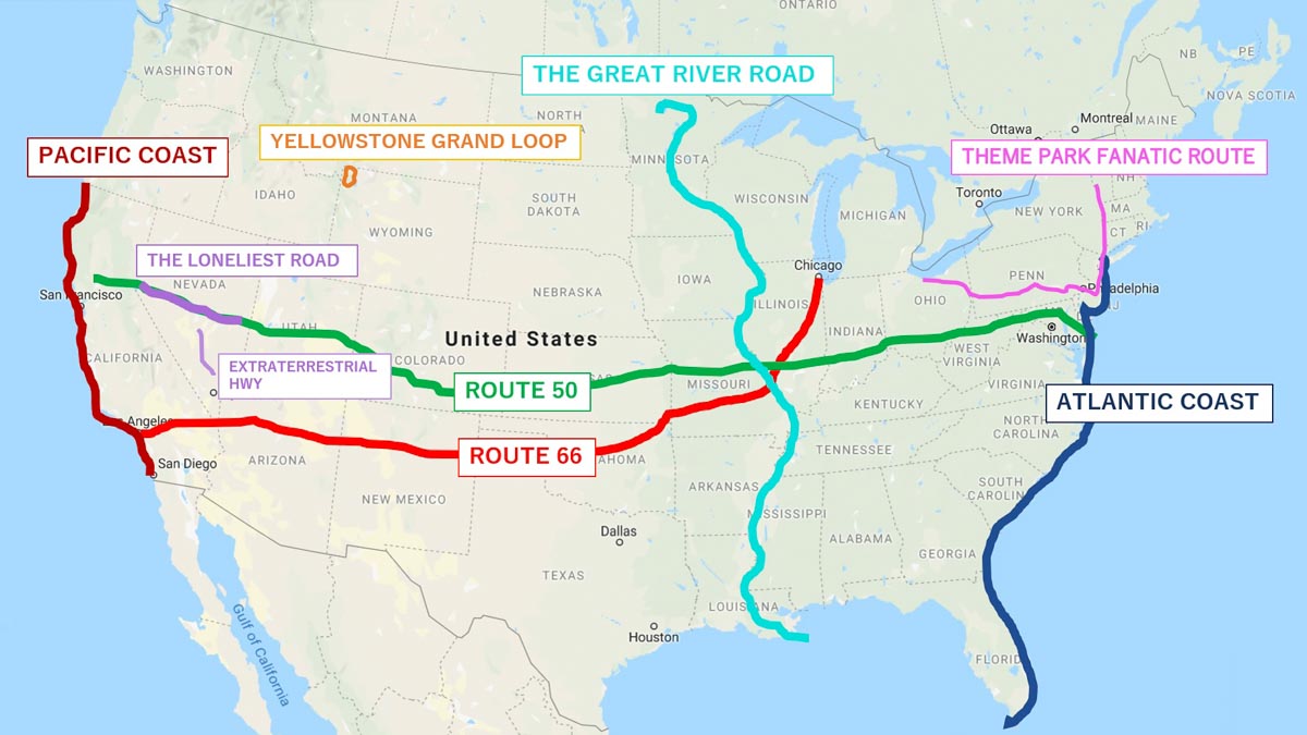 usa map with road trip routes drawn out - USA road trip_