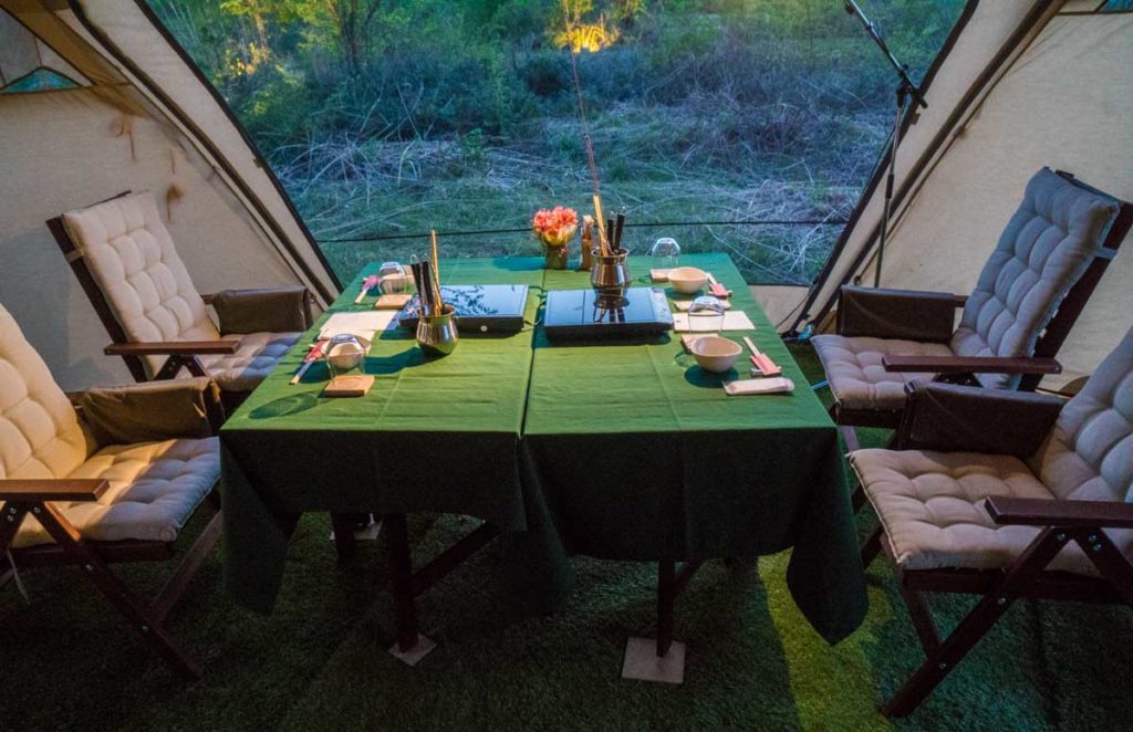 Dining Table in a Tent at the Norikura Eco Glamping Experience - Nagano Itinerary for Couples Kamikochi Norikura Matsumoto