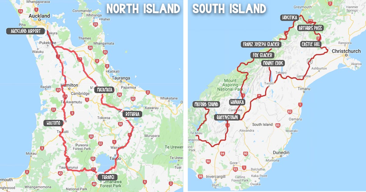 Two Week New Zealand North and South Island Route