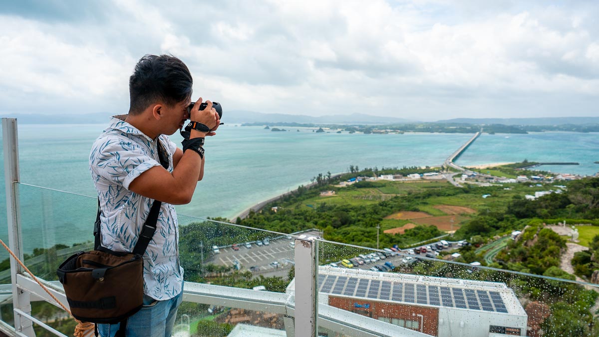 Photographing Kouri Island Bridge at Tower - Okinawa Itinerary