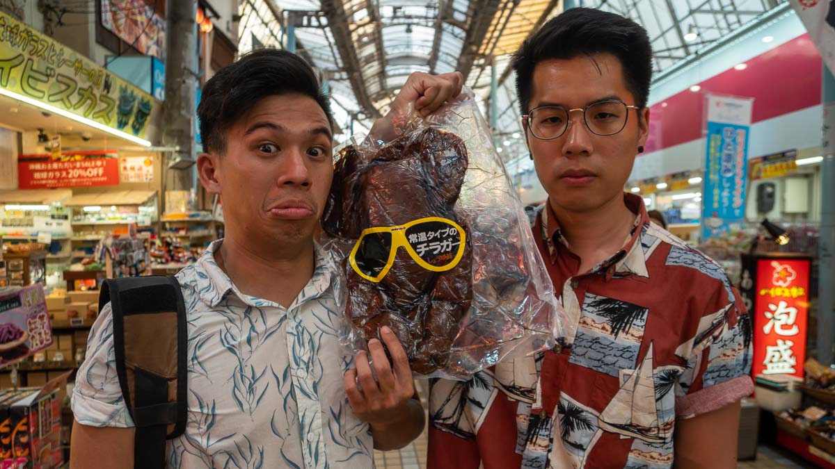 Posing with Pig's Face - Things to Eat in Okinawa 