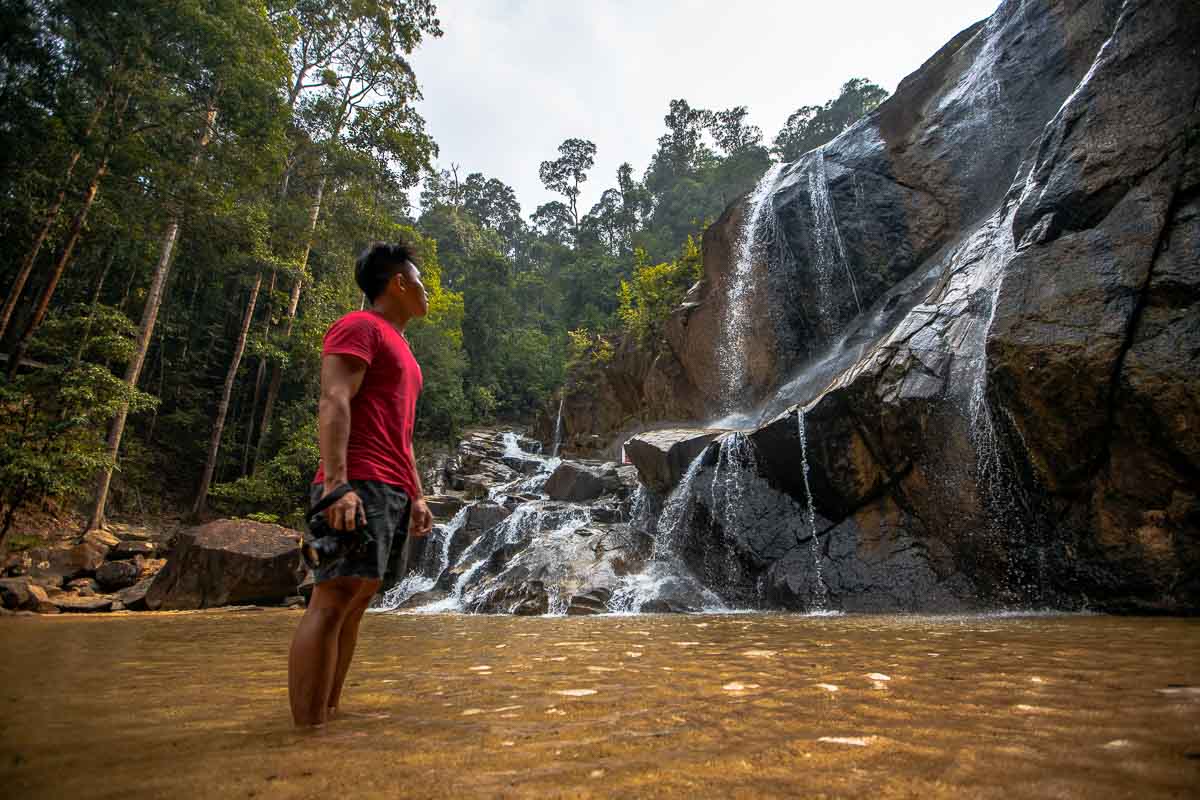 Aldo Looking Up at Sungai Pandan Waterfalls - Kuantan Guide