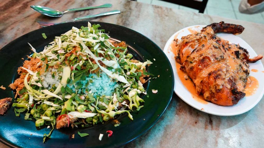 Nasi Kerabu Yati Ayam Percik grilled chicken rice - Things to Eat in Kota Bharu