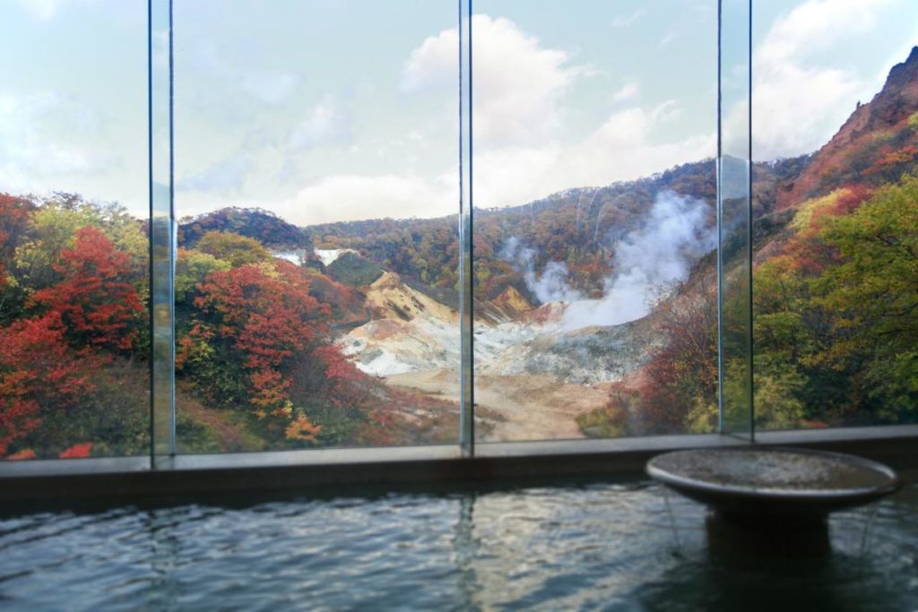 View of the Noboribetsu Hell Valley from the Hot Springs at Dai-ichi Takimotokan - Onsen Resorts in Japan