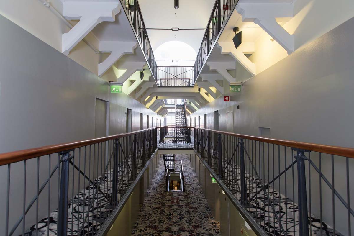Hallway of Hotel Katajanokka in Finland - Jail-themed Hostels and Hotels Around the World