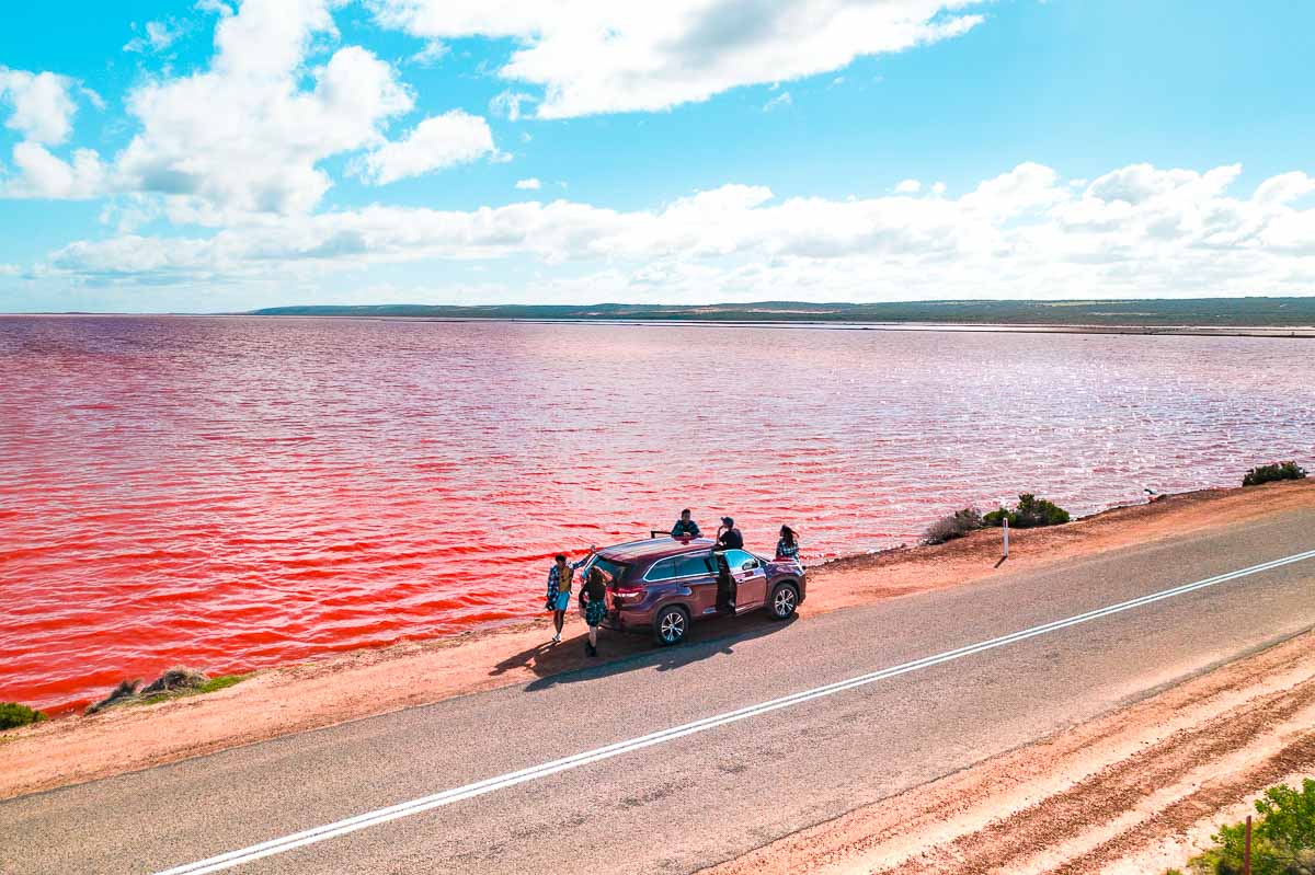 Drone Shot of Car by Pink Lake Hutt Lagoon - Instagrammable Western Australia