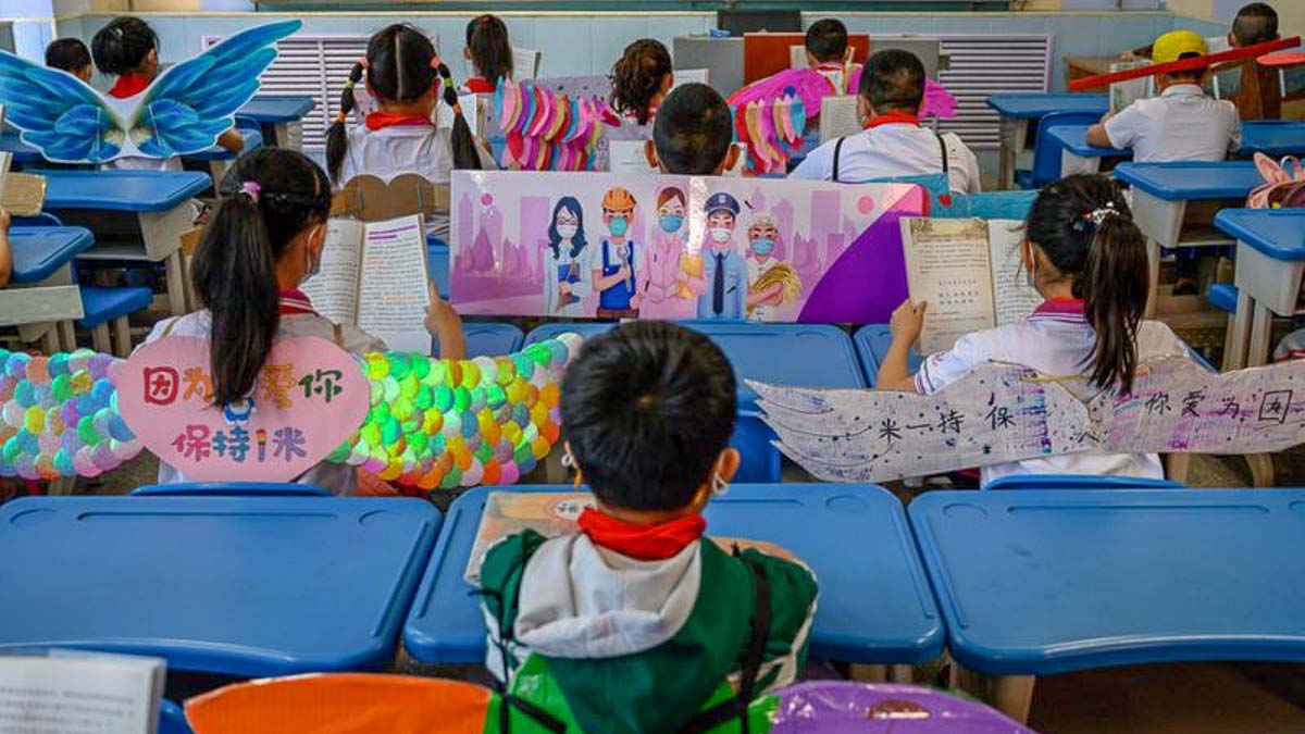 Taiyuan China Elementary Students Wear Wings to School - COVID-19 Social Distancing