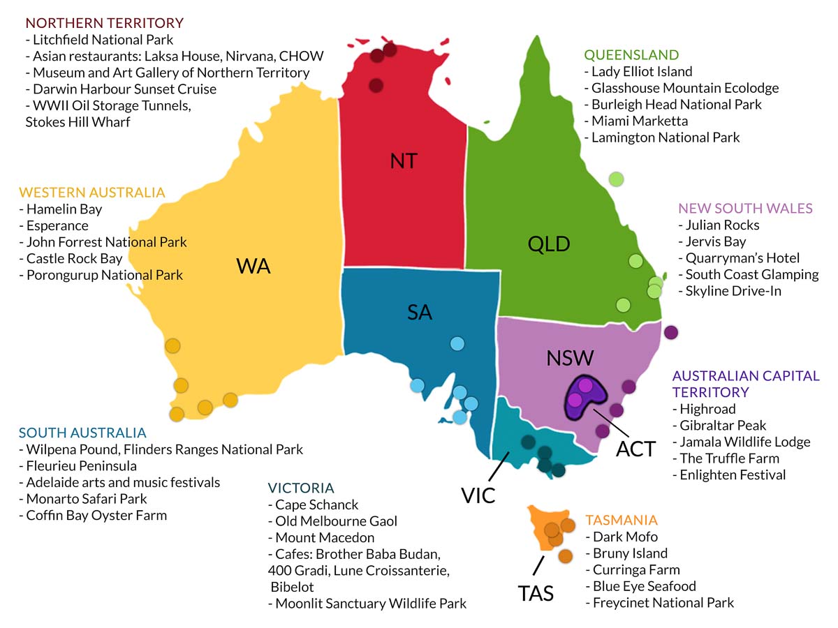 Map of Lesser-known things to do in Australia Recommended by Travellers Locals Celebrities